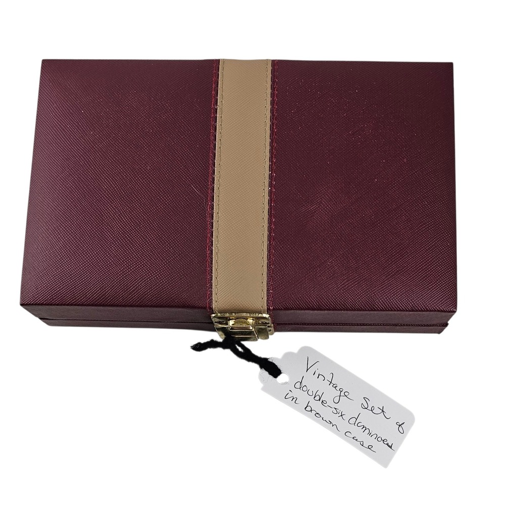 Vintage Double Six Dominoes‎ Set in Burgundy and Tan Case Retro Game Night